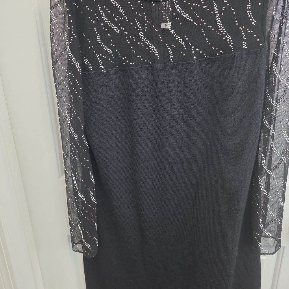 St. John Black Dress with Sheer Embellished Sleeves